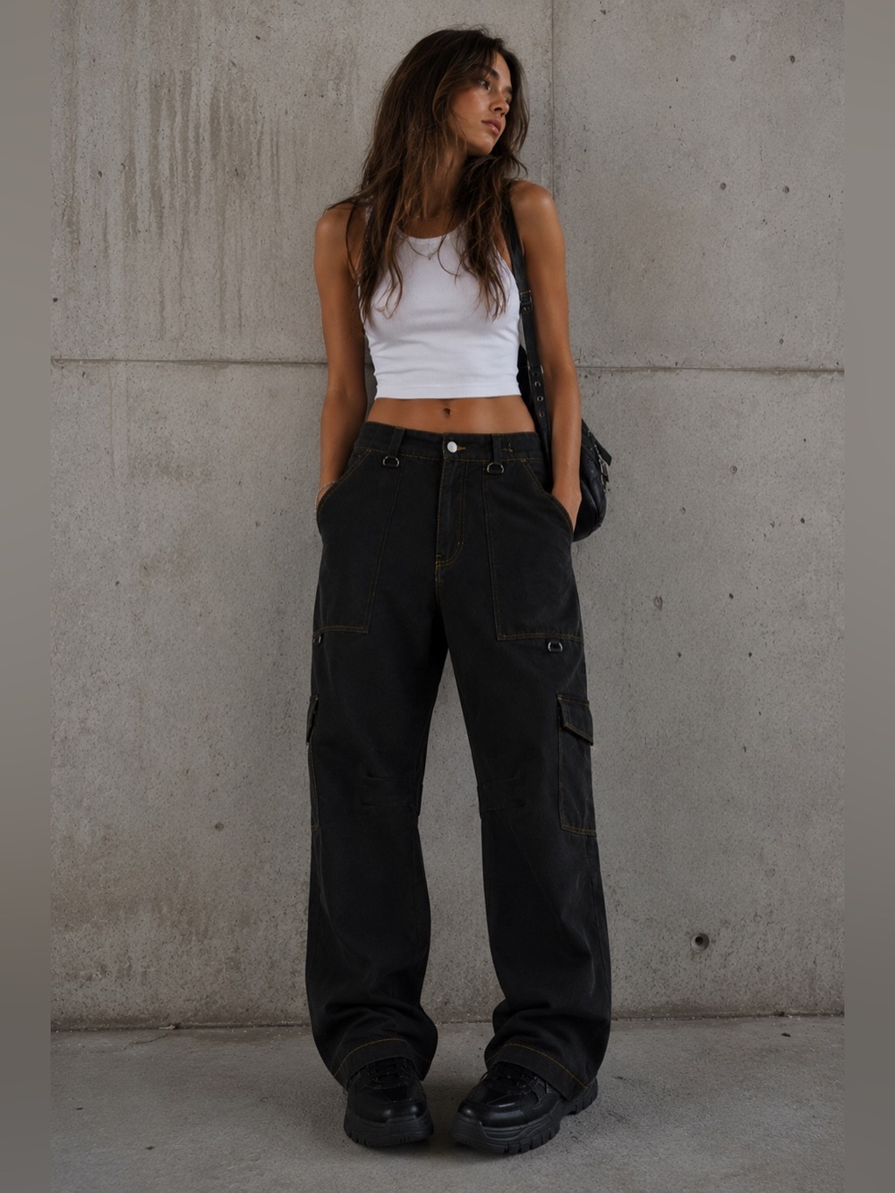 By.DYLN Utility Cargo Wide Leg Pants Black Contrast Stitch Size L